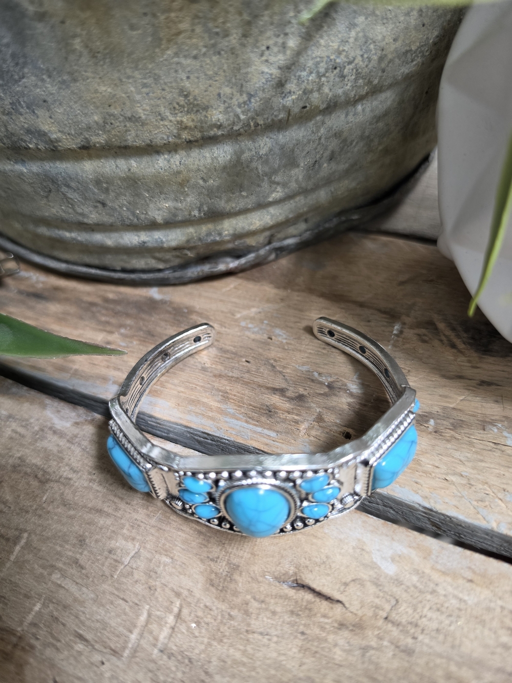 Southwestern Silver Tone Turquoise Cuff Bracelet Boho Western Open Bangle